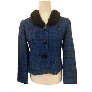 Vintage Jessica Howard 4P Blue Black Sparkle Tweed Faux Fur Collar Blazer Jacket